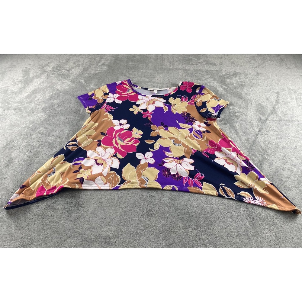 Juniper + Lime Womens‎ PL Purple Floral Handkerchief Hem Short Sleeve Blouse USA